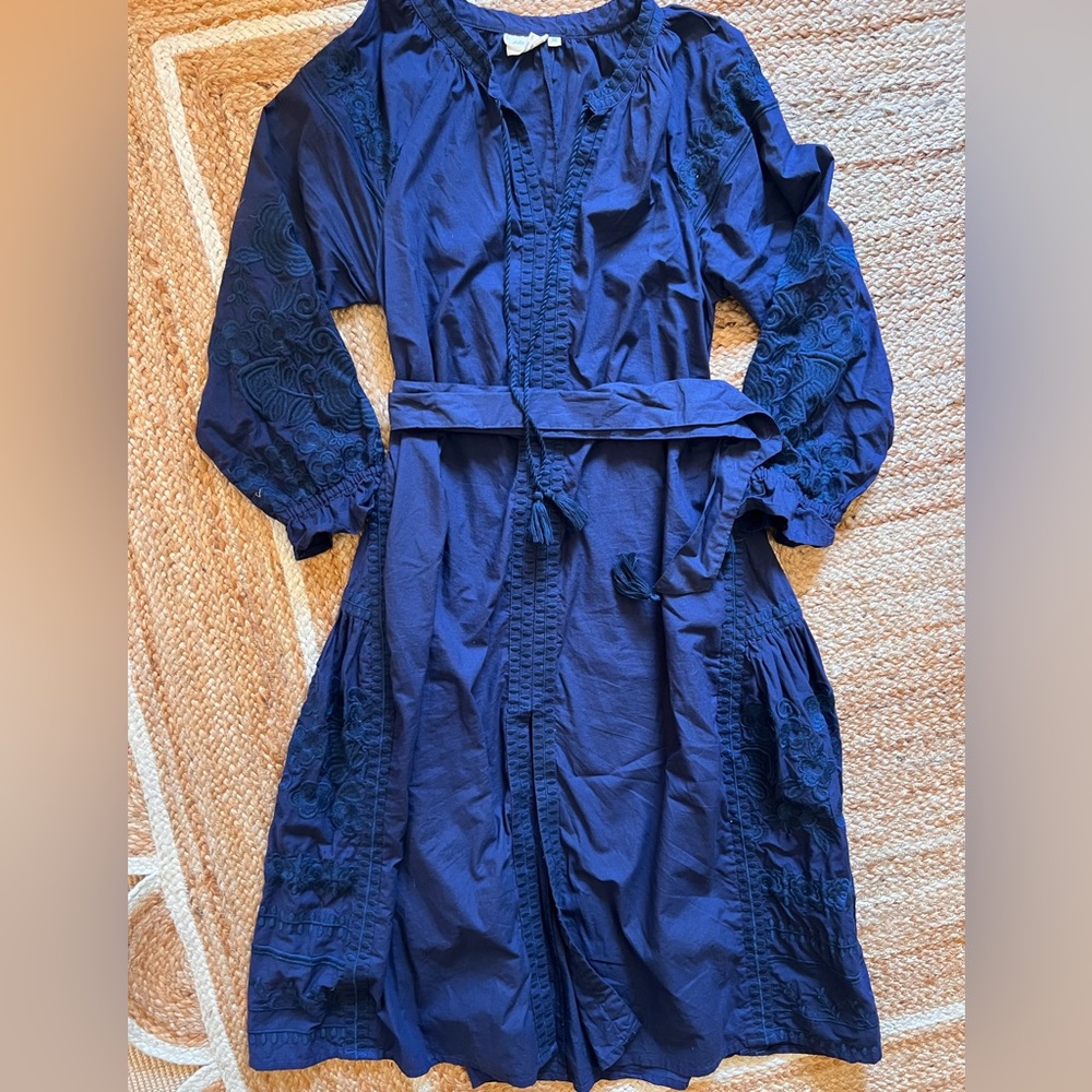 JULIA AMORY COATUE CAFTAN BELTED COTTON MIDI DRESS NAVY BLUE SIZE M